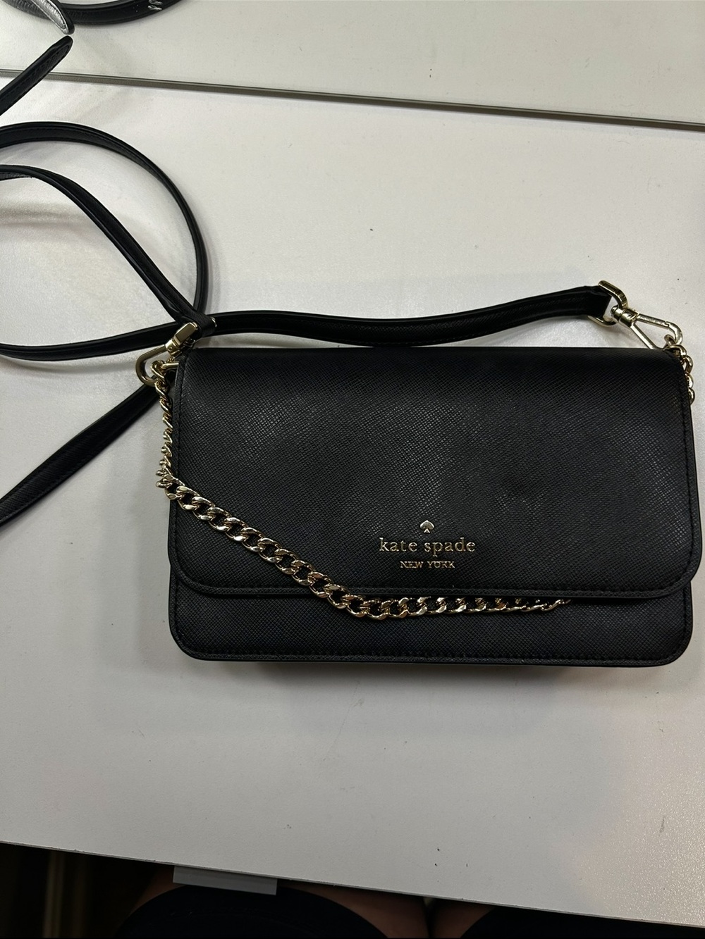 kate spade Black Leather Crossbody with Gold Chain